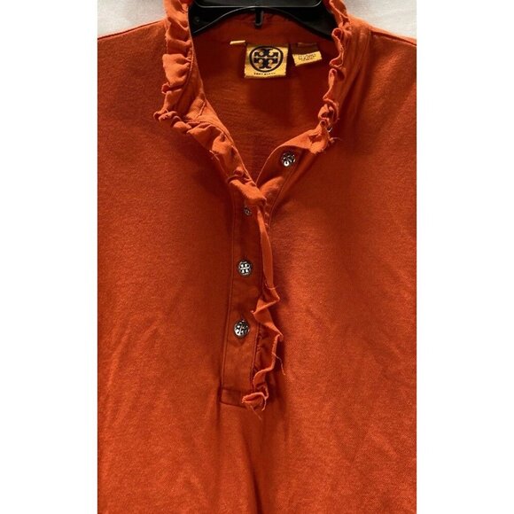 Tory Burch Orange Ruffle Knit Short Sleeve Shirt Sz Lg Office Business Casual - Picture 2 of 5